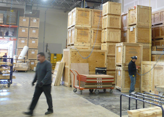 crates stacked in woodshop